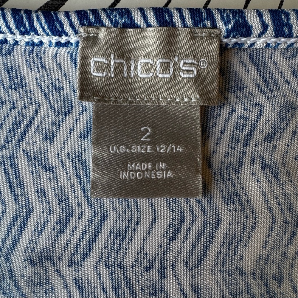 Chico's Dress Size 2/L/ 12 14 Blue White Maxi Chevron Print Tiered Stretchy - Picture 13 of 13